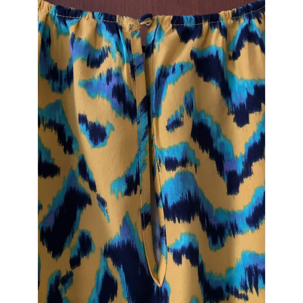 The Get Womens Print Mix Mini Dress Yellow Blue Ikat Long Sleeve Tie Waist L NEW